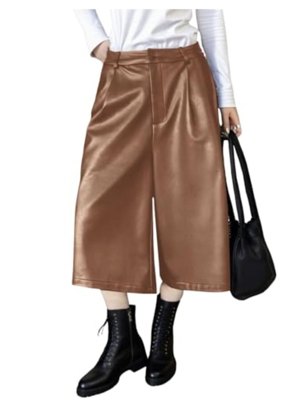 Faux Leather Wide Leg Cropped Palazzo Pants High Elastic Waist Baggy Barrel
